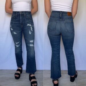 Point Sur Denim | J. Crew Dark-Wash Distressed Xtra High-Rise Flare Crop Jeans